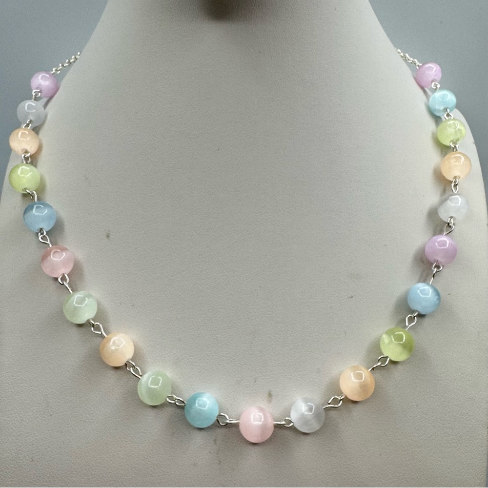 New Selenite Bead Necklace Pastel Multicolor Silver Tone Chain
